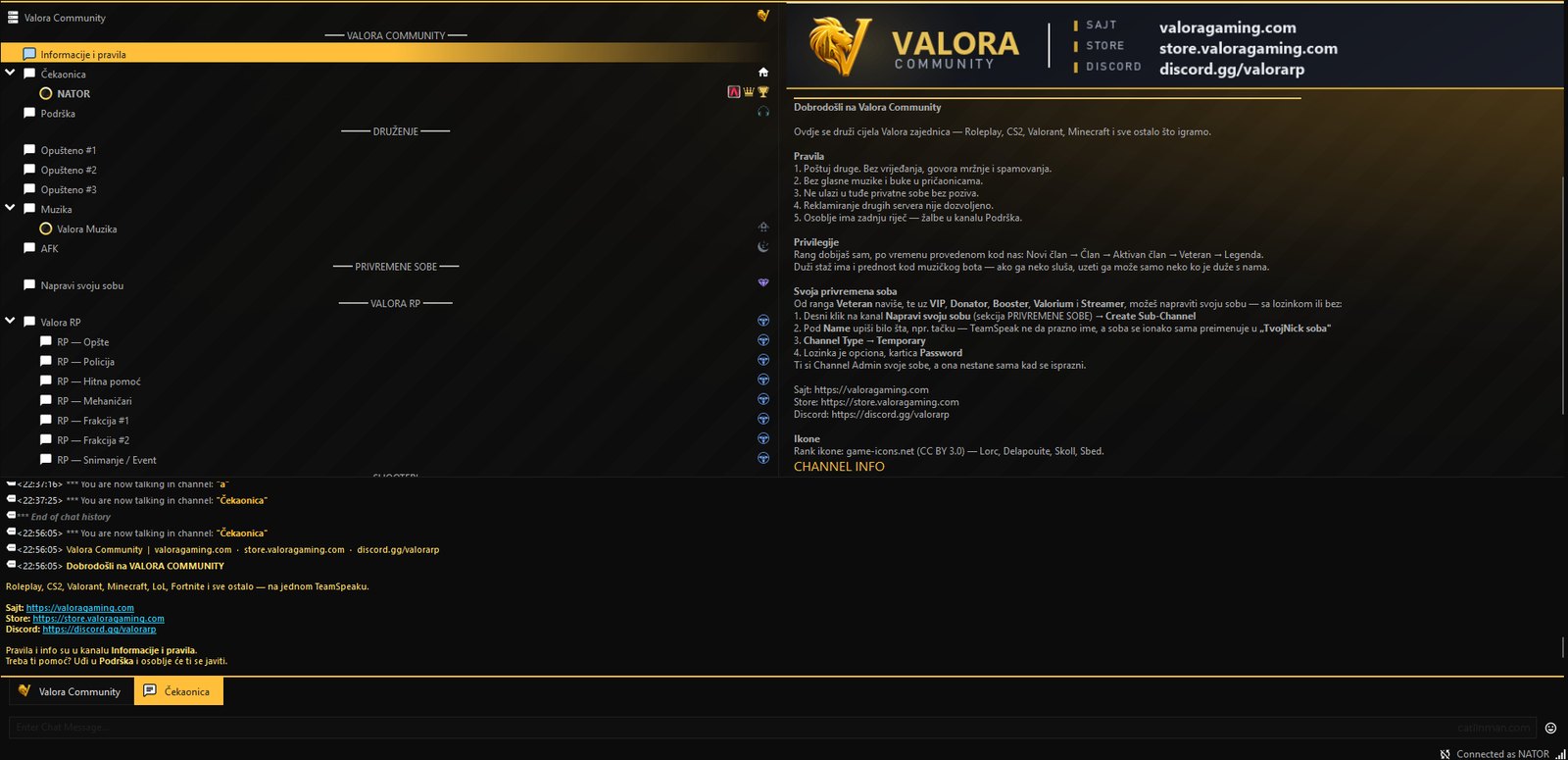 Valora Community TeamSpeak — stablo kanala, baner i pravila u klijentu